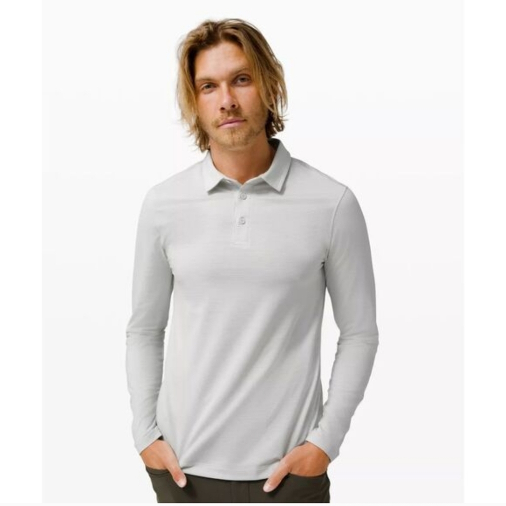 Lululemon Long Sleeve Evolution Polo Heathered Vapor Grey Stripe Men’s Sz Large